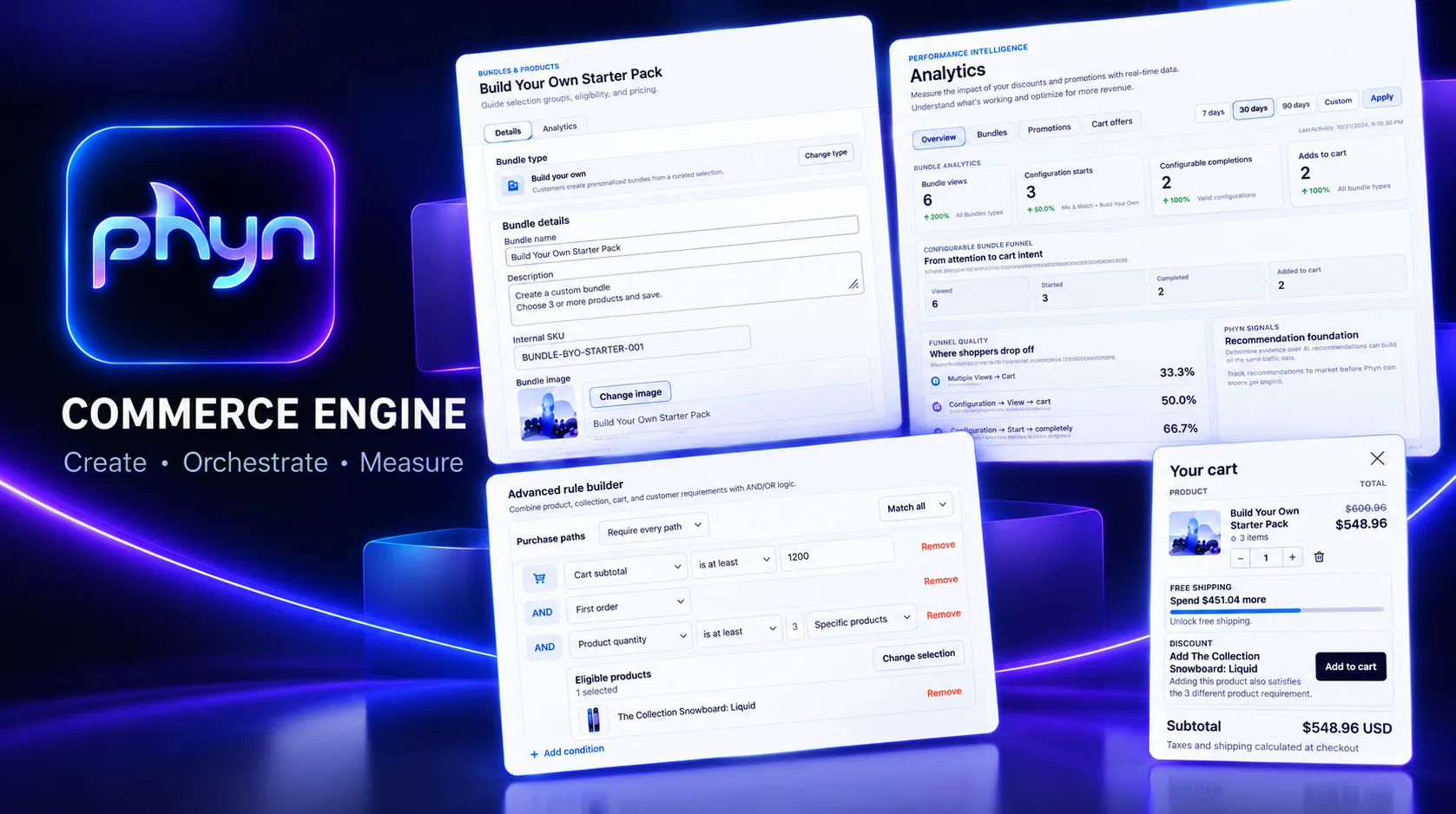 Phyn Commerce Engine promotional preview showing the approved Phyn logo, bundle builder, analytics, advanced discount rules, and cart upsells
