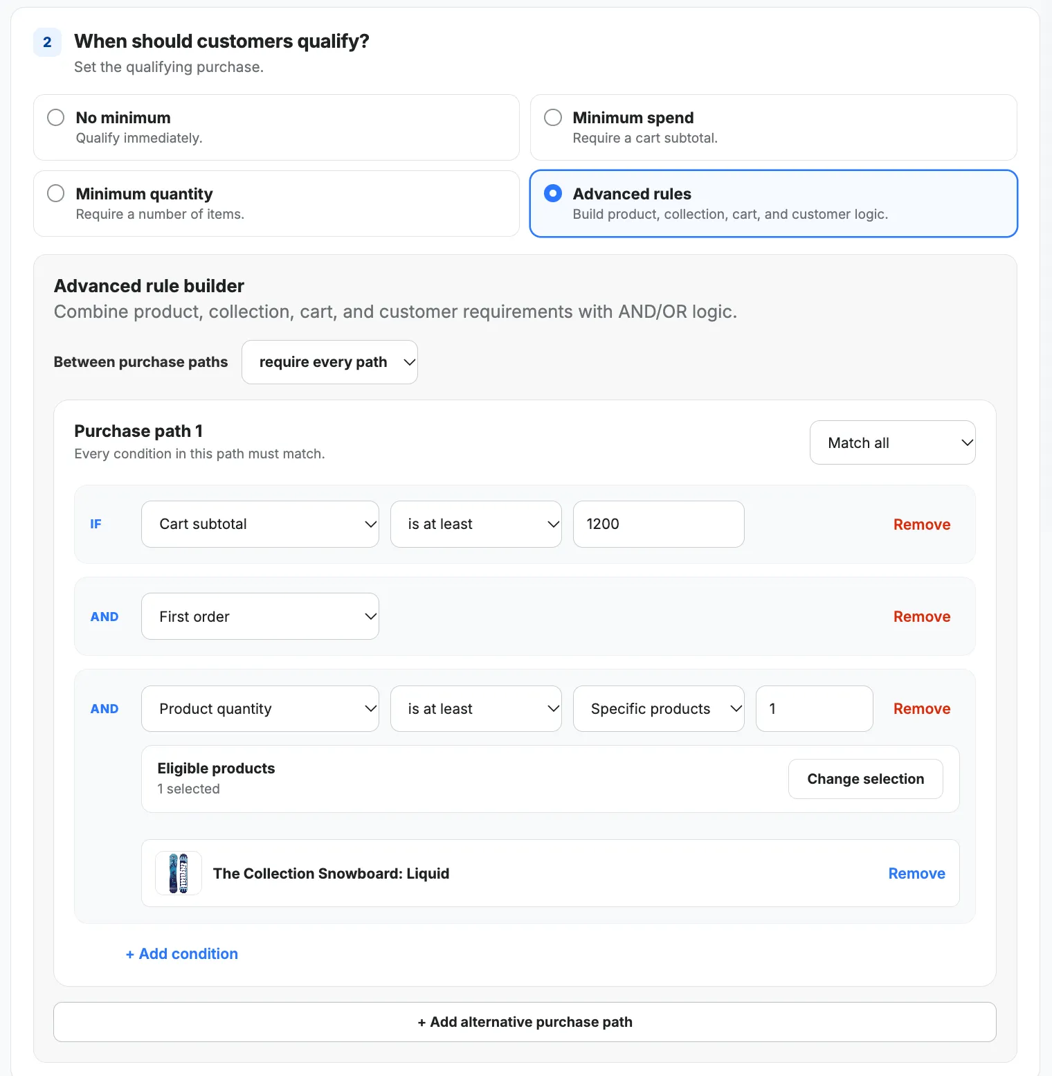 Advanced custom discount builder with conditions and eligibility controls